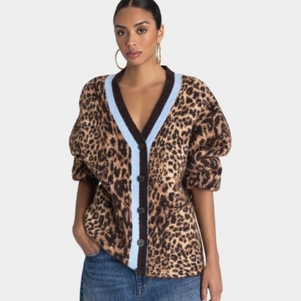 Leopard Print Cardigan with Blue Trim